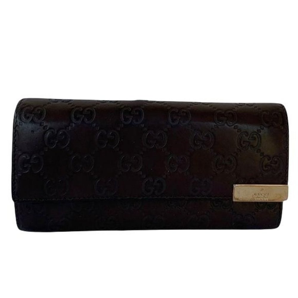 Authentic Gucci Wallet Long Brown Leather GG Logo Vintage On Sale